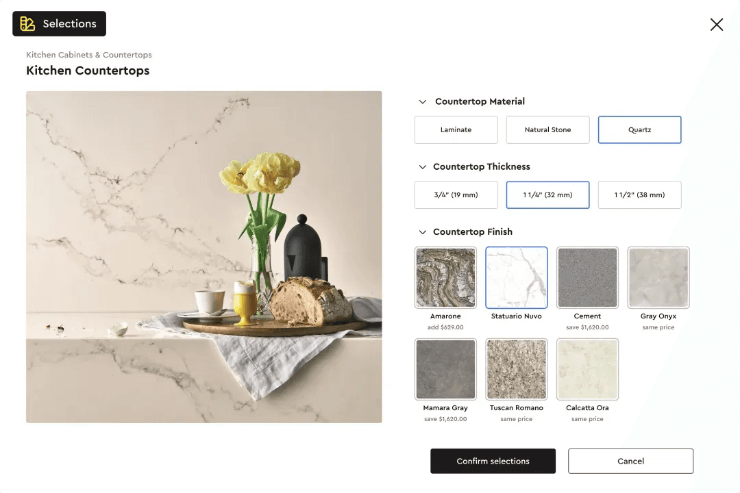Kitchen countertops selection interface